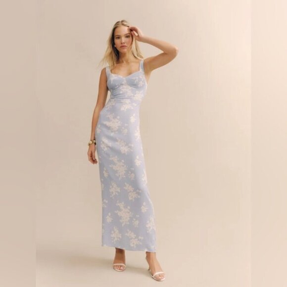 NEW Reformation Reverie Long Dress Bijou Light Blue Floral | size 4 - Picture 1 of 16